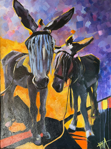 Donkeys wearing Fly Fringes, Snoozing under the Jacaranda - Thea Darlow.